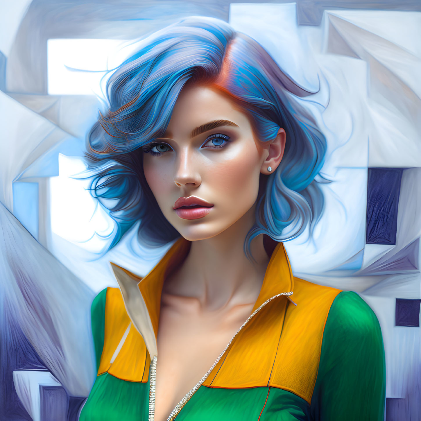 Illustration of woman with blue hair and eyes in yellow-green jacket on abstract geometric background