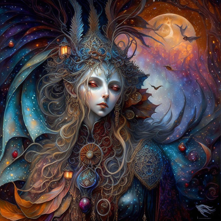 Fantasy Artwork: Female Figure with Elaborate Headdress, Cosmic Background, Moon, and