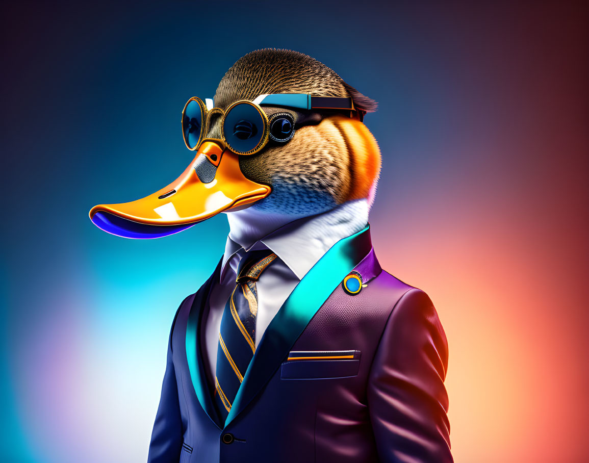 Anthropomorphic Duck in Fitted Suit and Sunglasses on Colorful Background