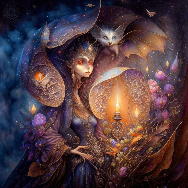 Mystical figure in ornate robes with glowing lantern and winged creature amid flowers and starry