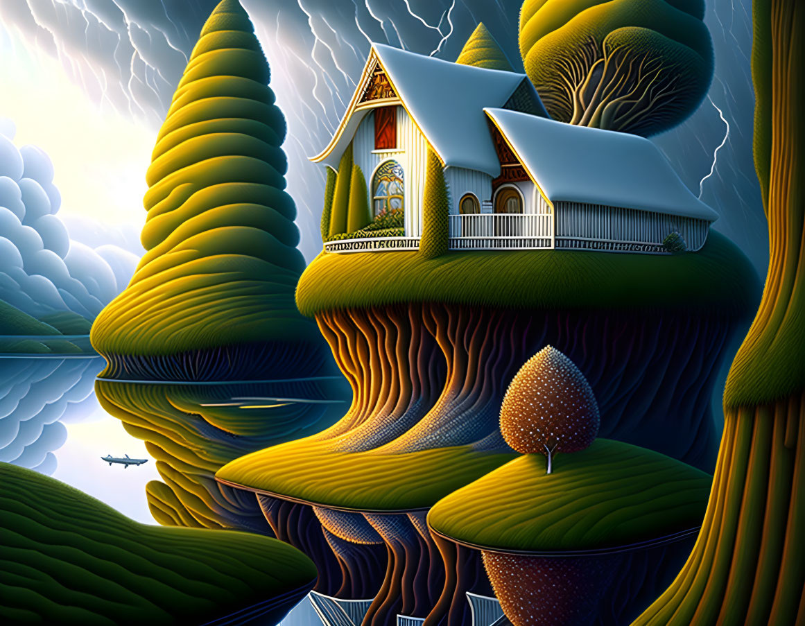 Vibrant surreal landscape with house on tree-like structure & flying plane