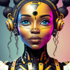 Female character with gold and black cybernetic enhancements and futuristic headphones.