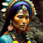 Golden-skinned woman in ornate jewelry against lavish backdrop