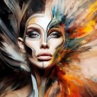 Digital artwork: Woman with stylized makeup and feathers on abstract warm background