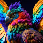 Vibrant Multicolored Digital Art Creatures with Rainbow Feathers