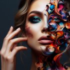 Colorful portrait of woman with floral patterns and blue eyeshadow