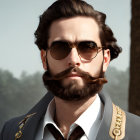 Male character with styled beard, gold-rimmed glasses, military jacket in 3D render