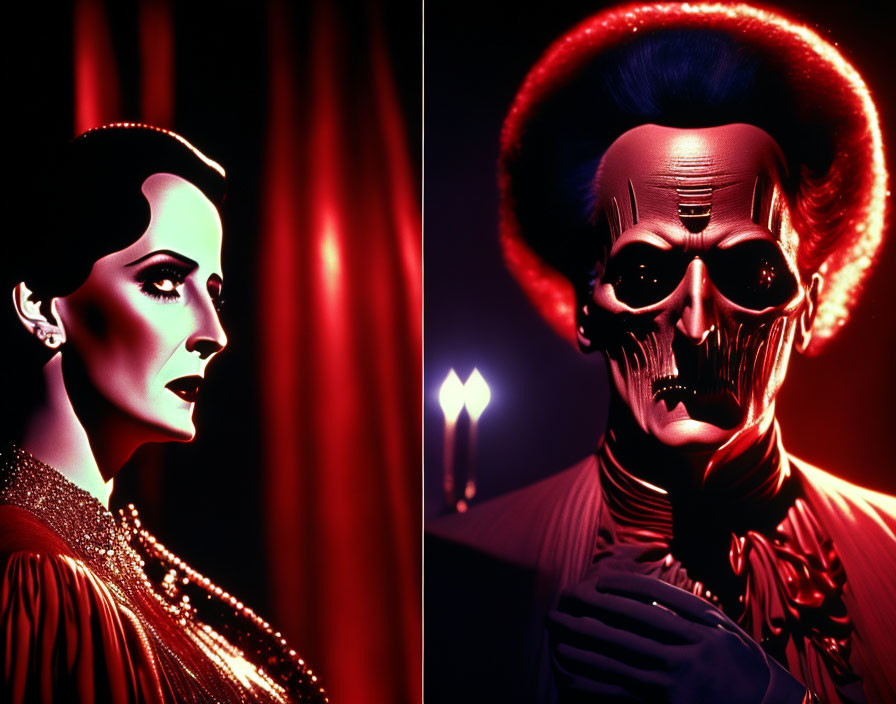 Split image of woman in golden attire and skeletal figure with halo on red backdrop