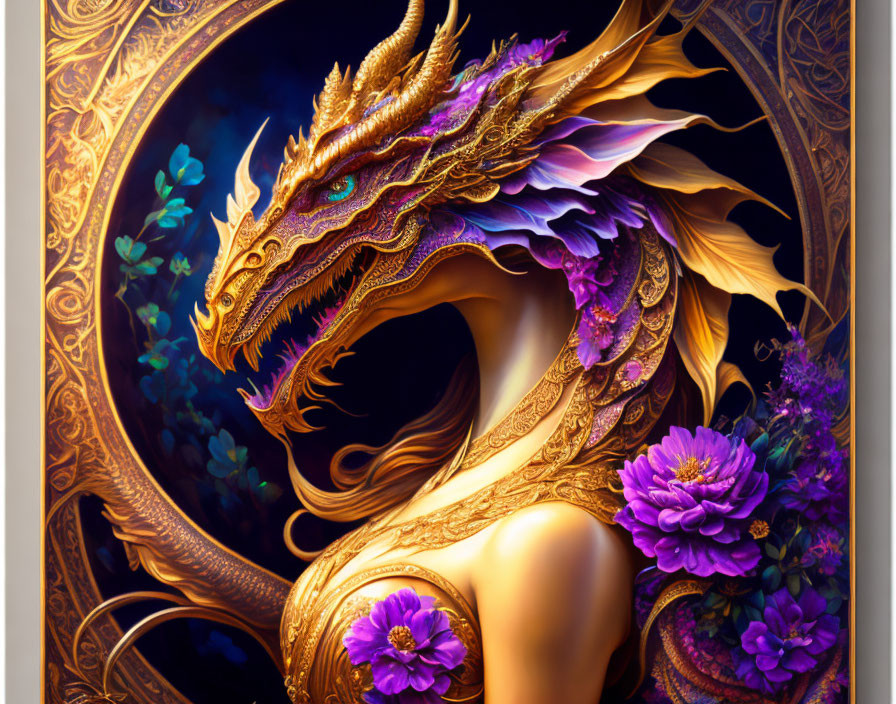 Golden dragon with purple accents and green eyes in ornate frame with blossoms