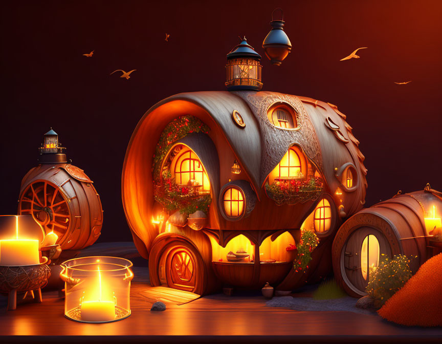 Pumpkin house with windows, lanterns, and wheels in twilight scene