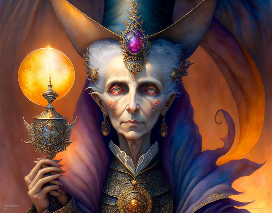 Mystical figure with pale skin and elongated ears in ornate headgear, holding glowing orb