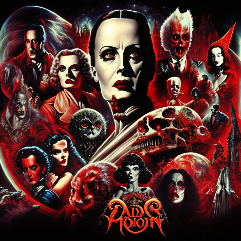 Collage of horror figures with central female face and "Addams Family" text