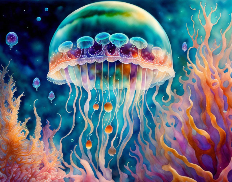 Vibrant jellyfish illustration with coral and starry background