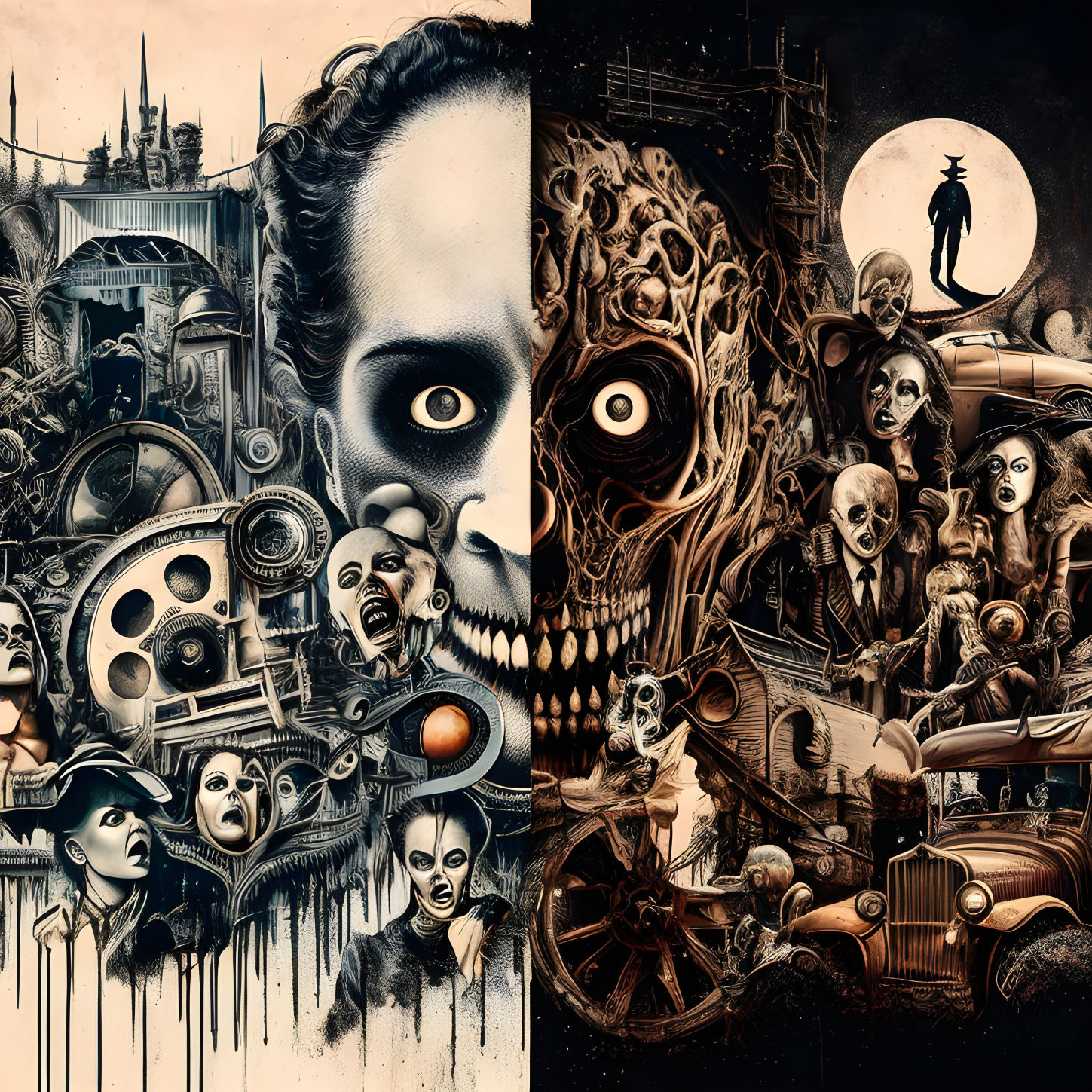 Artwork featuring contrasting mechanical and gothic scenes.