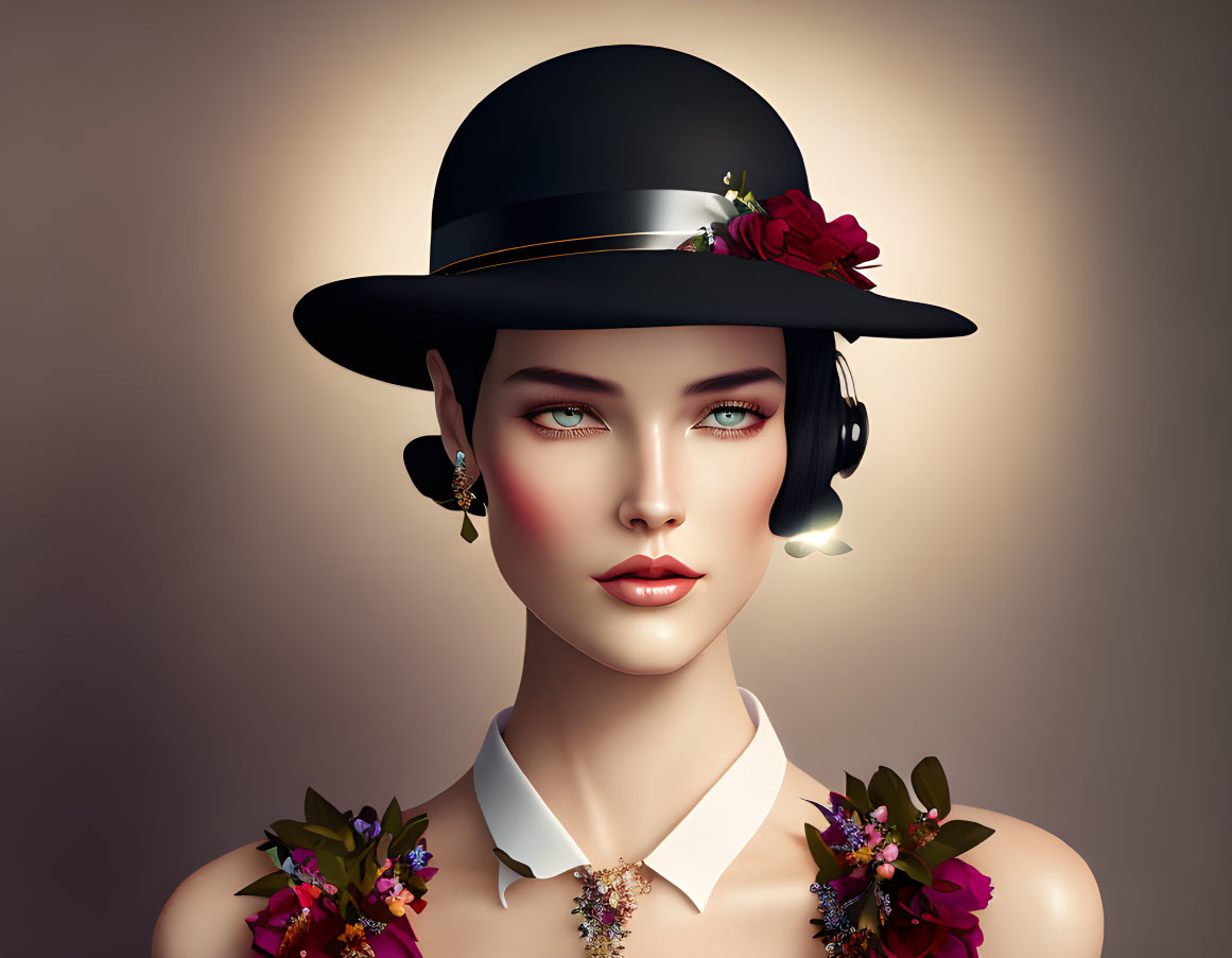 Stylized portrait of a woman with blue eyes, black hat, red flowers, gold earrings,