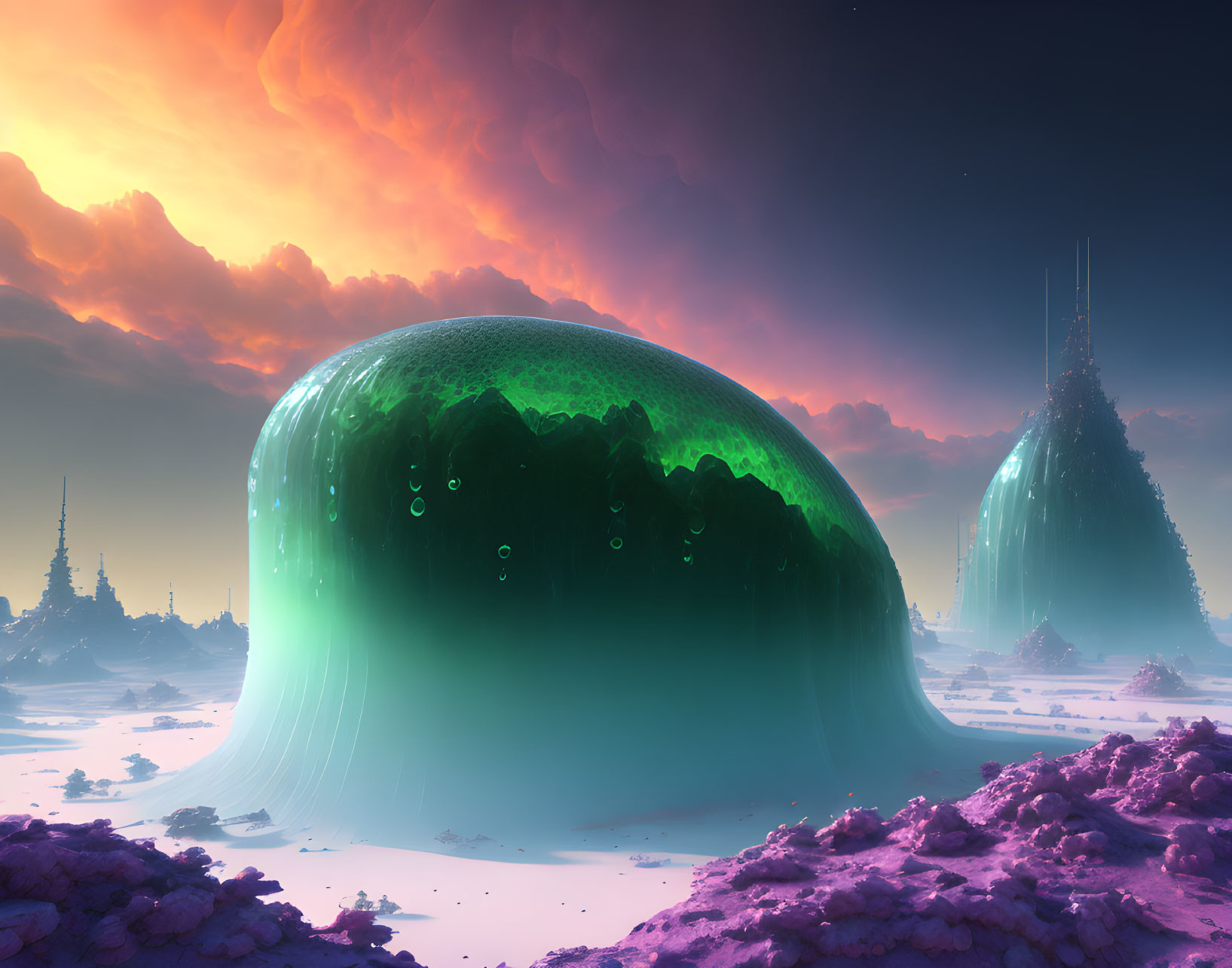 Surreal landscape with green dome-like structures under dramatic sky