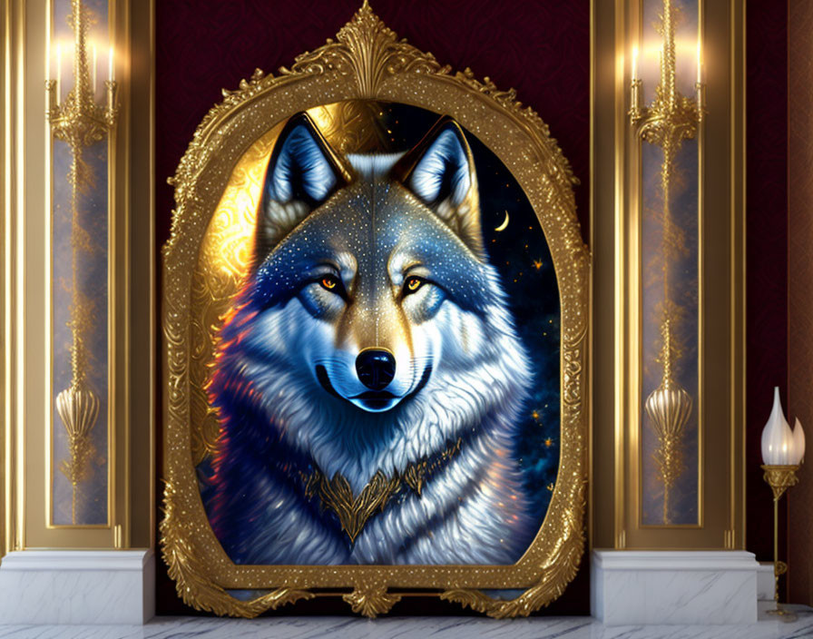 Golden-framed wolf portrait in elegant room with red curtains