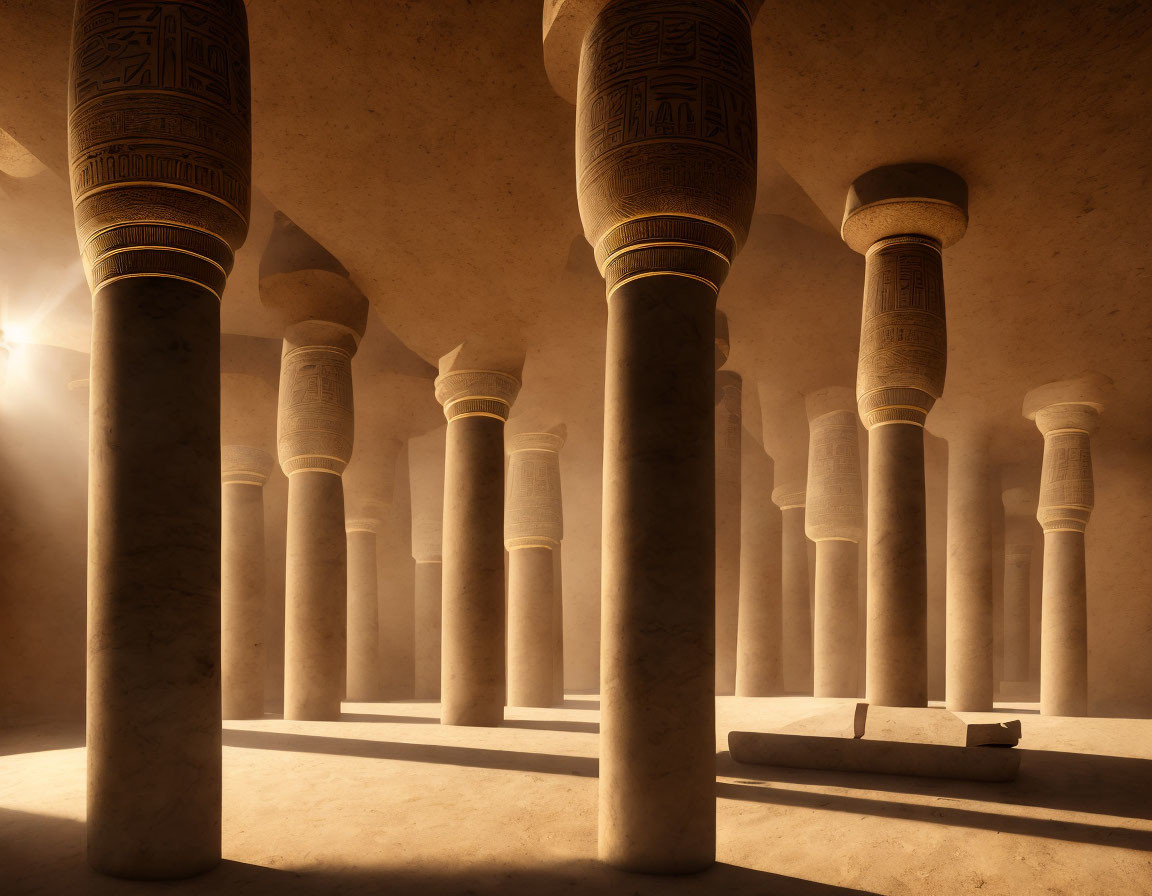 Ancient hall with towering columns and hieroglyphs in sunlight