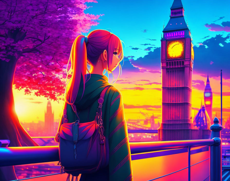 Backpacker admiring Big Ben and London skyline at sunset