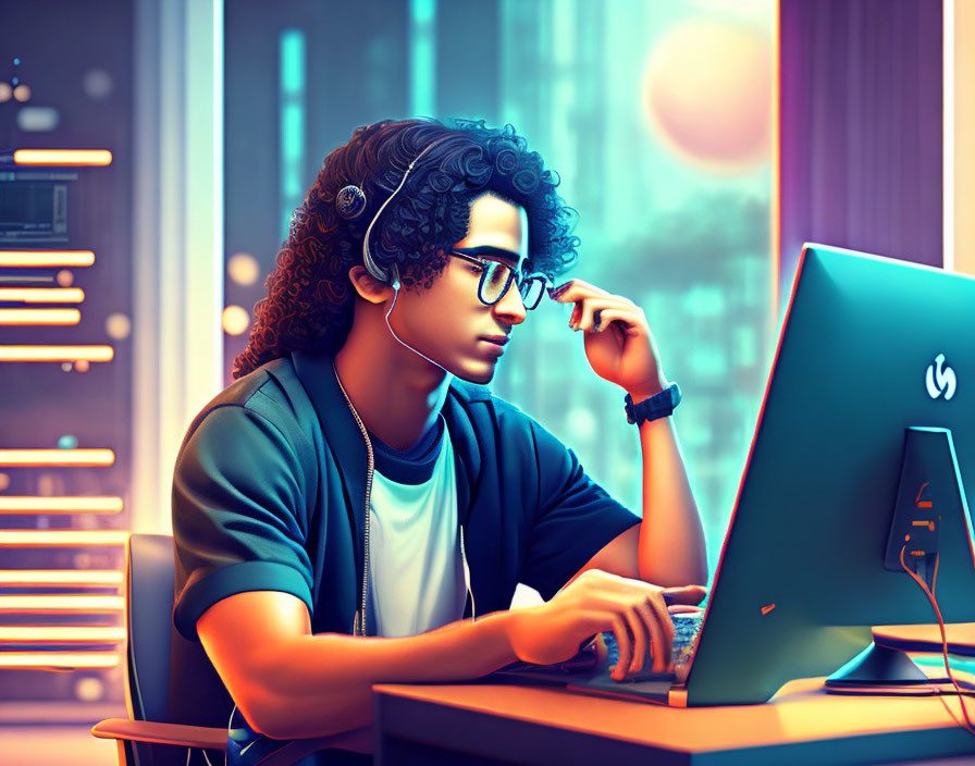 Curly-Haired Person with Glasses and Headphones Working in Futuristic City Room