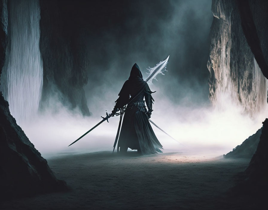 Cloaked figure with scythe and sword in misty cave setting