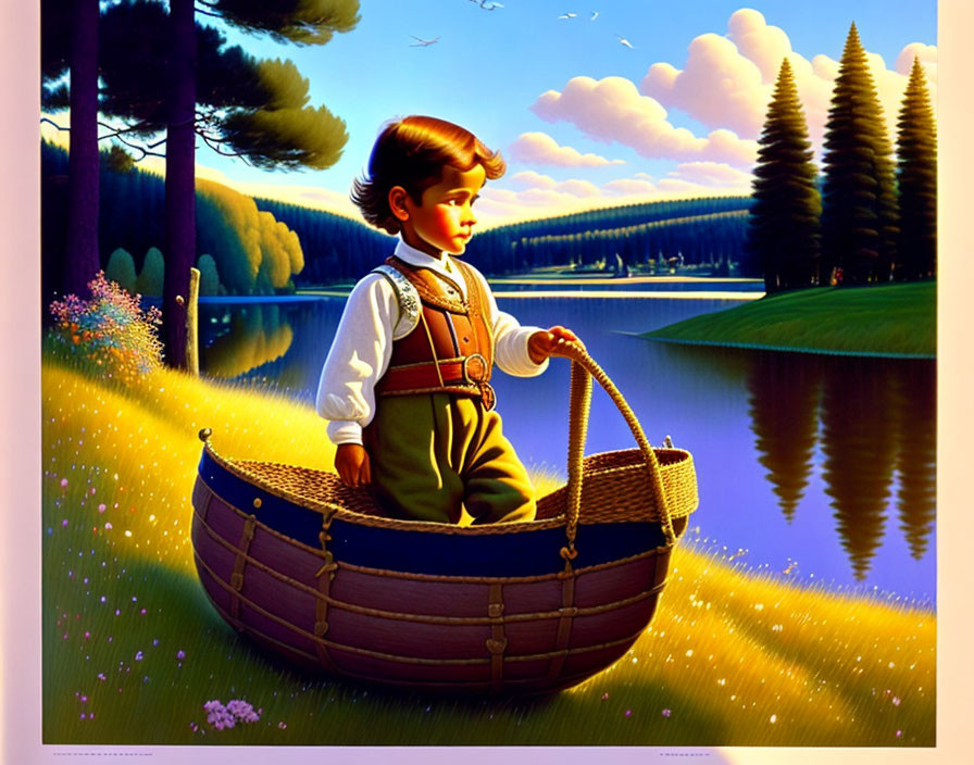 Young child in wicker boat by tranquil lake and pine trees