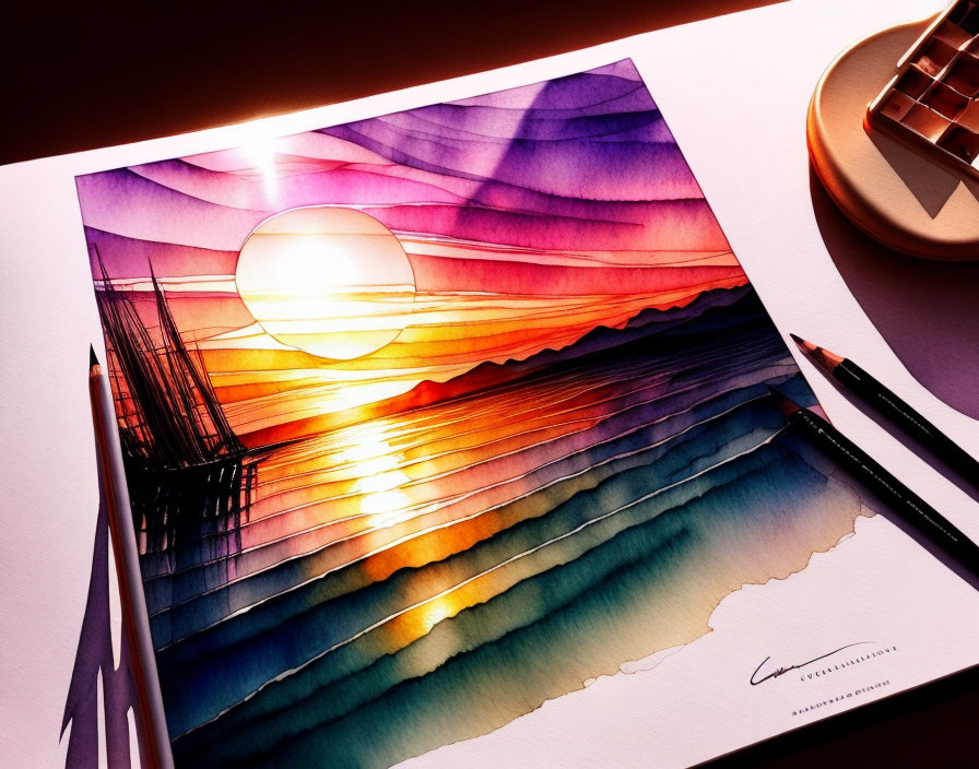 Colorful Watercolor Sunset Painting with Ocean Waves and Painting Tools on Desk