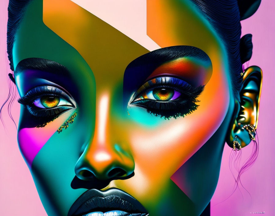 Vibrant makeup and geometric patterns on a woman's face in digital portrait