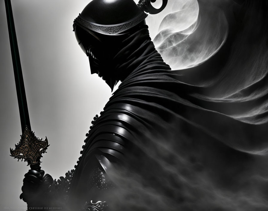 Mysterious figure in cloak with sword under crescent moon