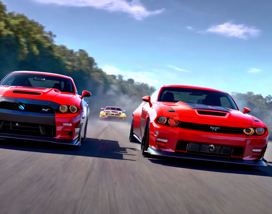 Two sports cars racing with tire smoke on track