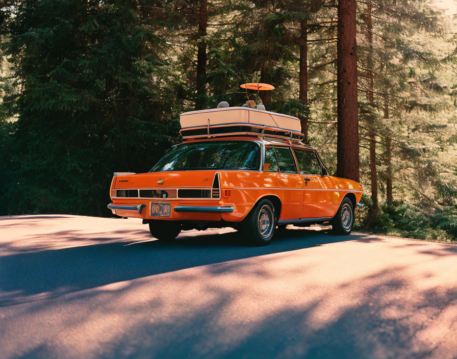 Vintage orange station wagon with white roof and surfboard parked in forest.