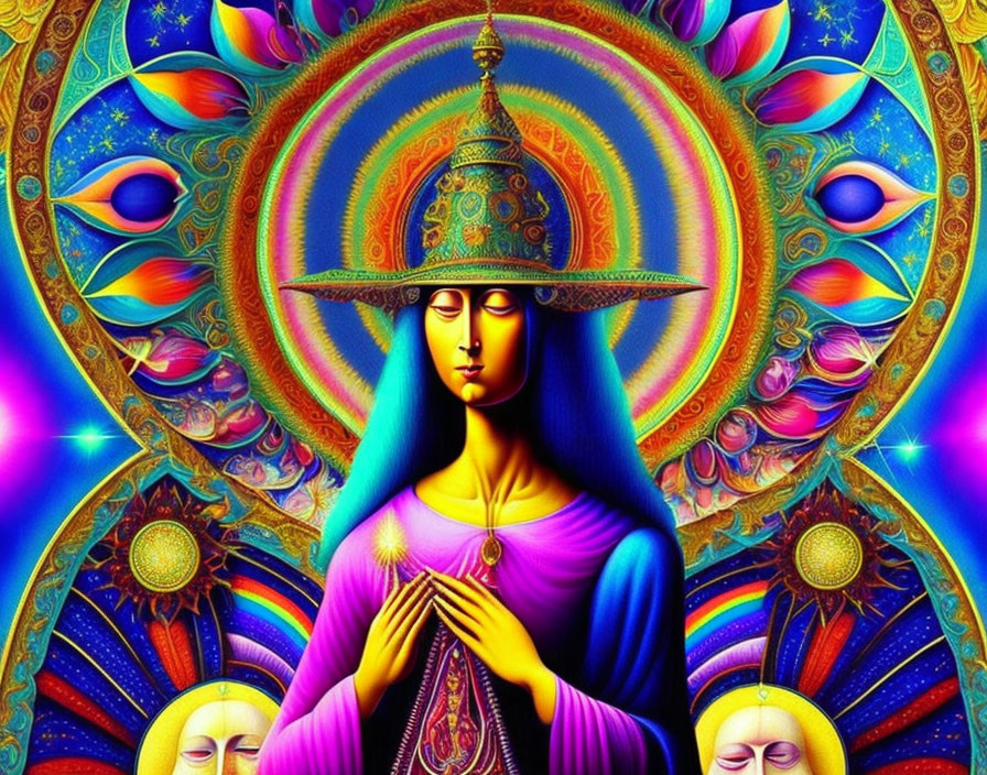 Psychedelic image of serene figure in prayer surrounded by intricate patterns