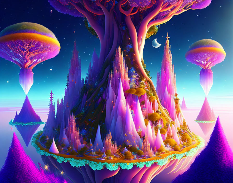 Majestic glowing tree in fantasy landscape with floating islands