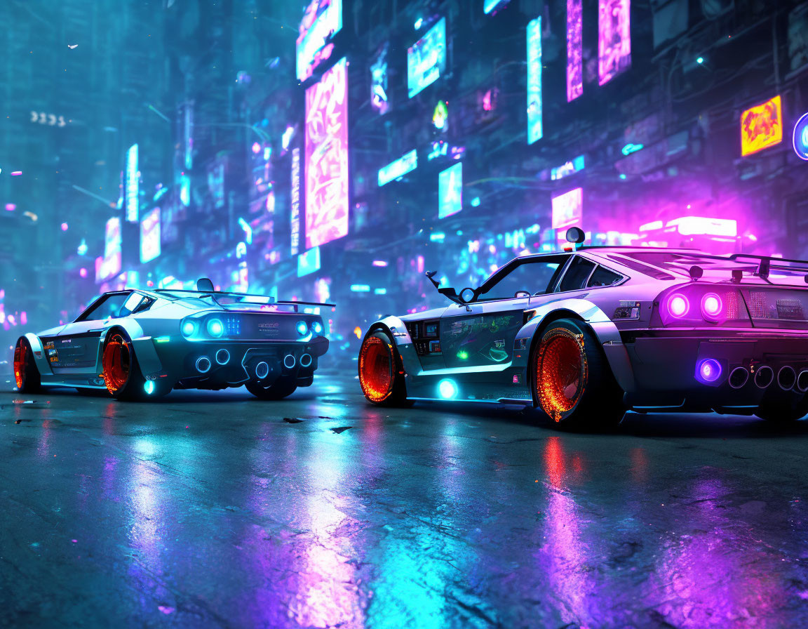 Neon-lit sports cars on wet night street with futuristic cityscape