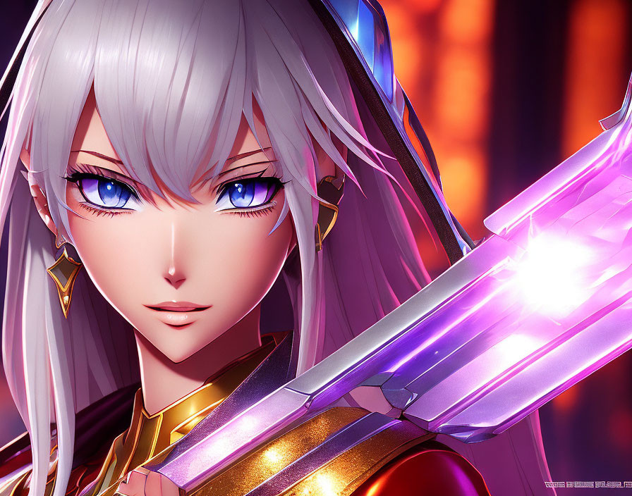 Digital artwork: Female character with white hair, blue eyes, golden armor, and glowing purple sword.