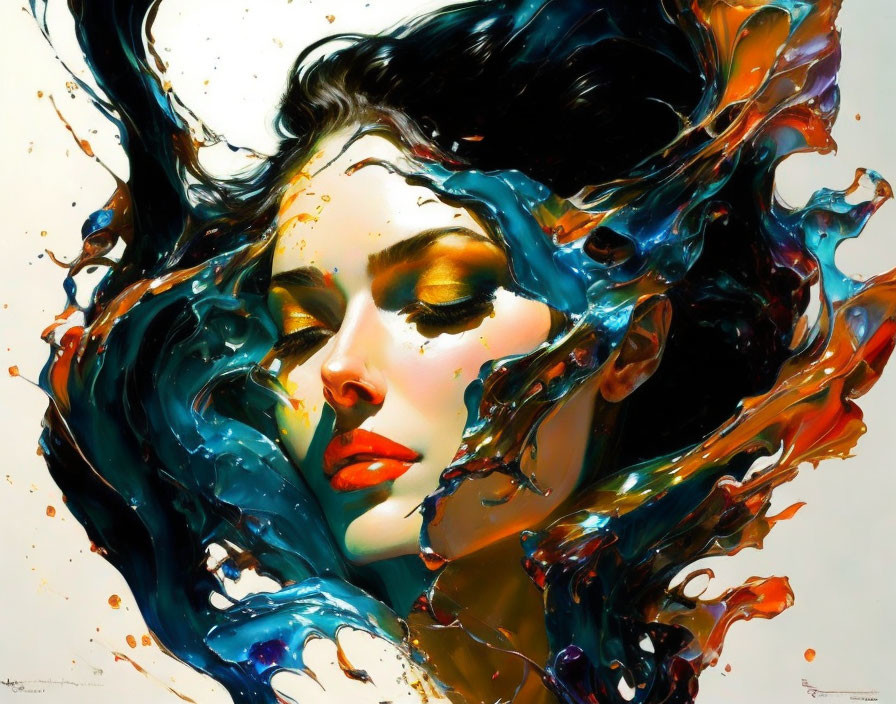 Colorful artwork of woman's face with flowing paint-like hair