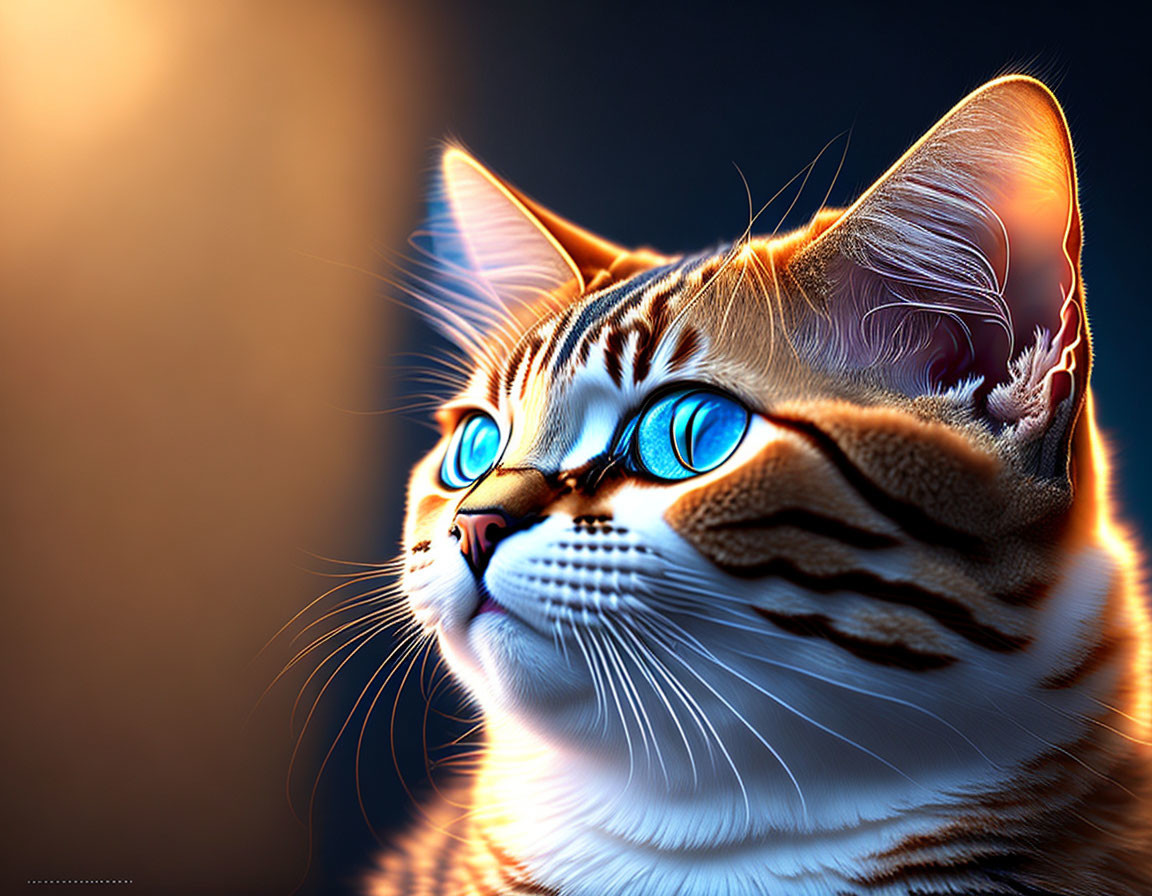 Tabby cat with glowing blue eyes and detailed fur on dark background