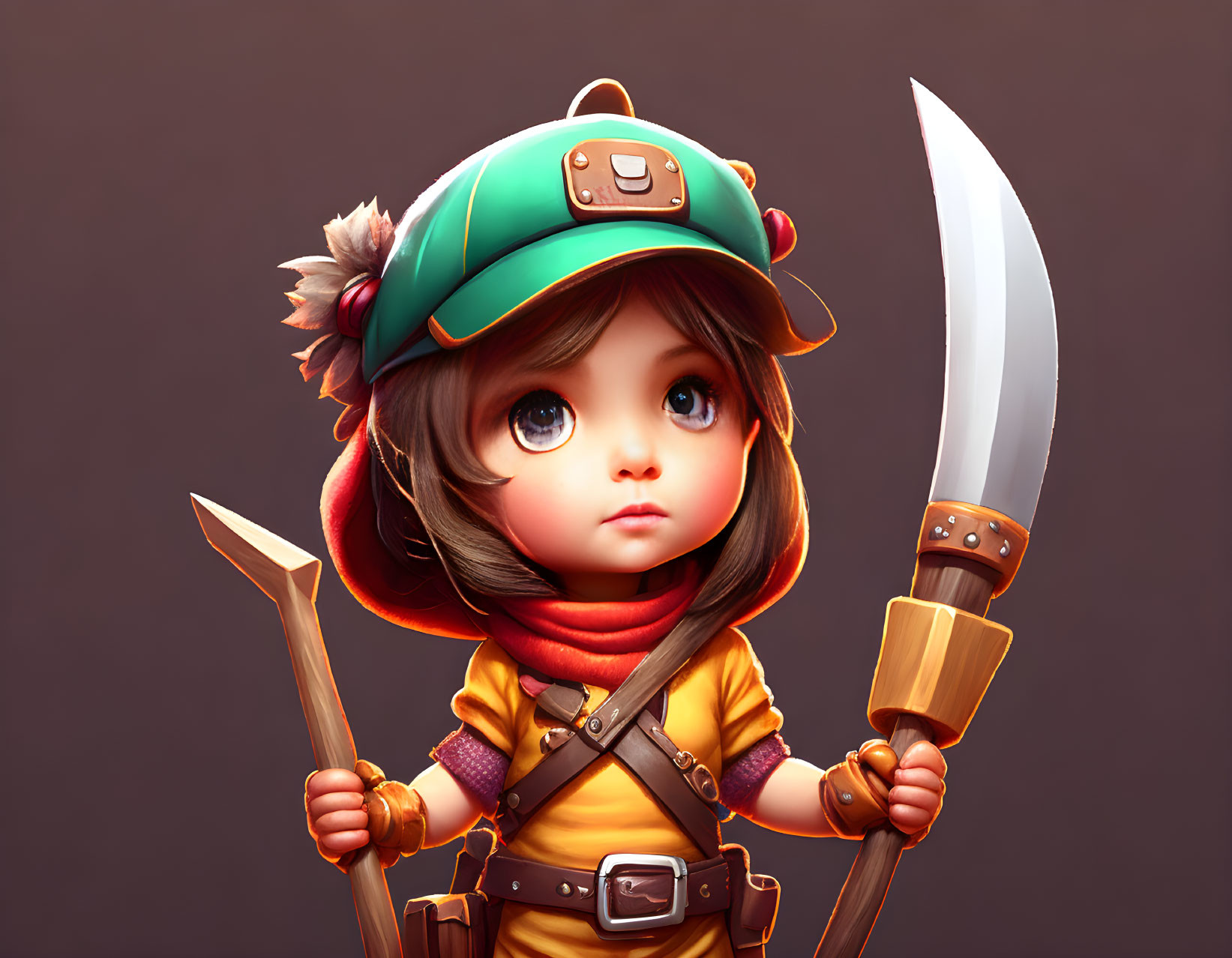 Child in adventure attire with cap, holding stake and machete