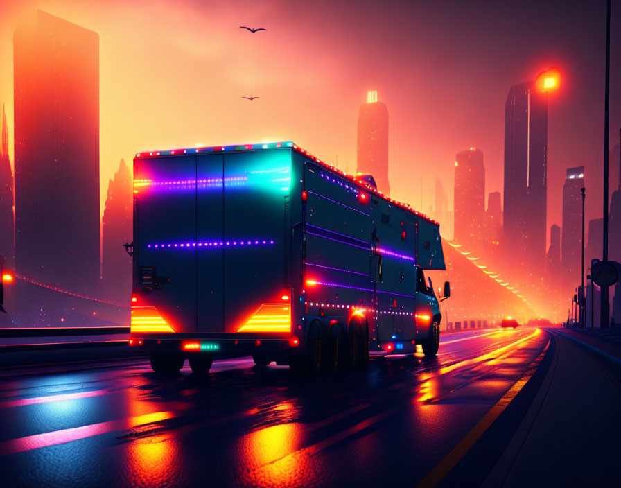 Futuristic truck with neon lights on empty road at dusk