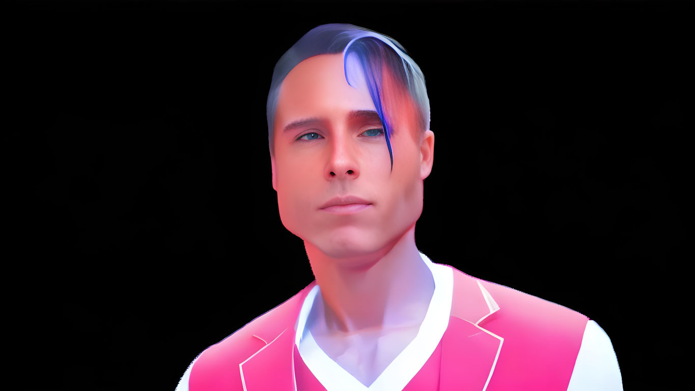 Digital portrait of person with slicked-back hair, blue streak, neon pink and white jacket on black