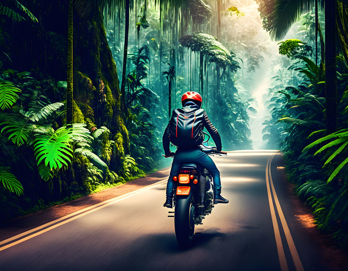 Motorcyclist in protective gear riding through lush forest road