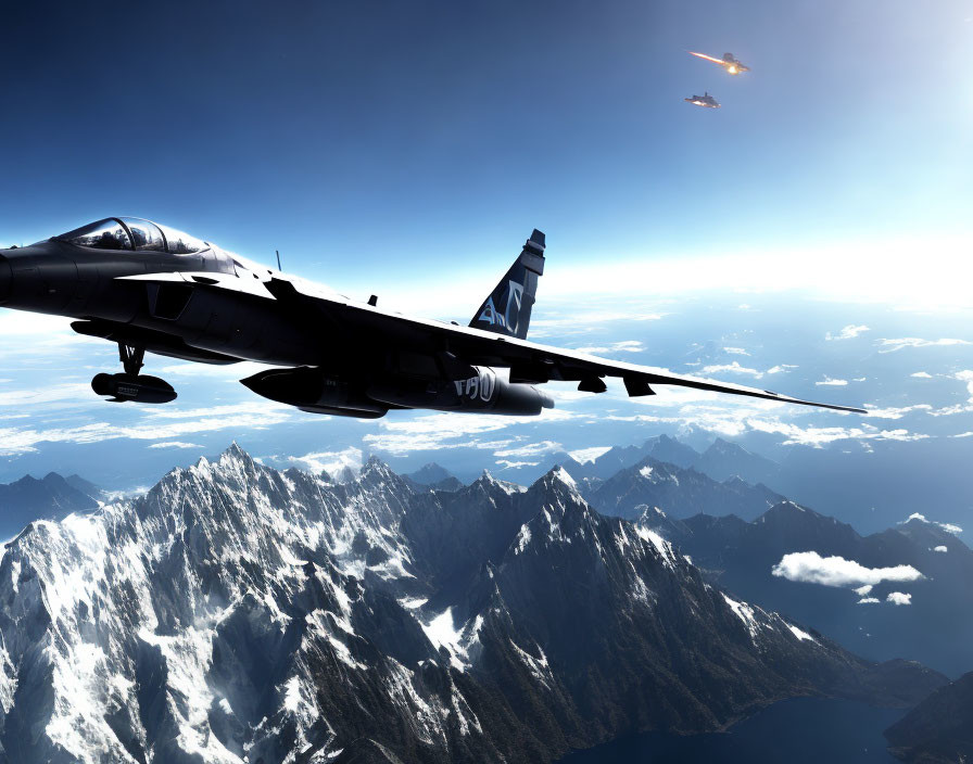 Military fighter jets soar over snow-capped mountains under clear skies