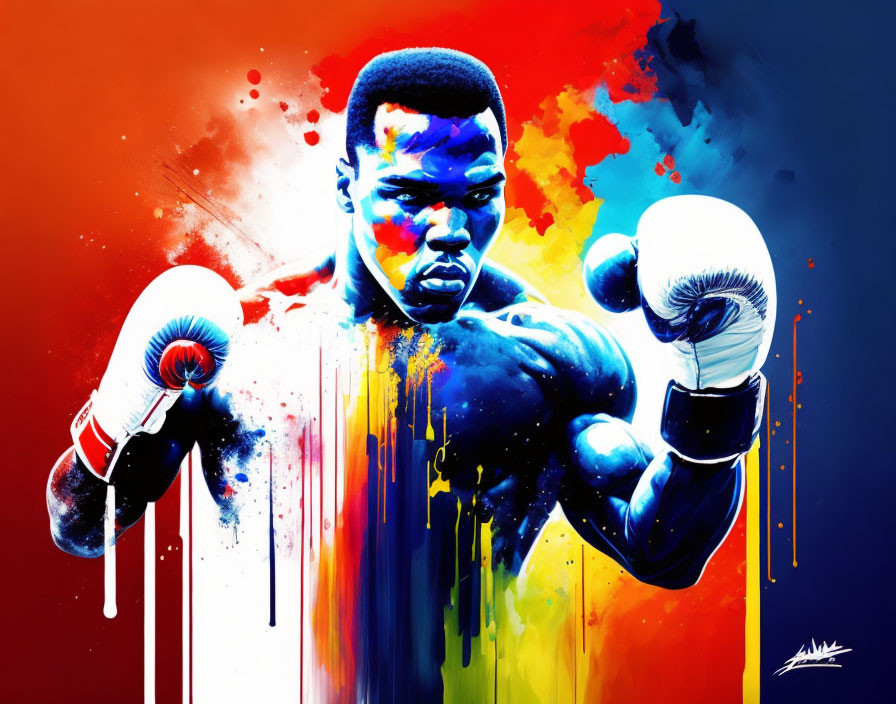 Colorful digital artwork of boxer with raised gloves against explosive backdrop