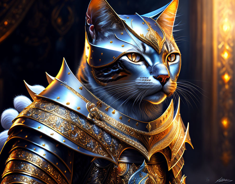 Golden and Blue Armored Cat with Ornate Patterns on Dark Background