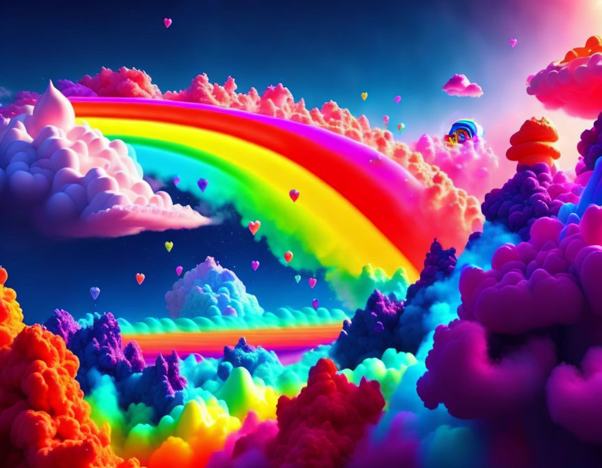 Colorful Digital Artwork: Rainbow over Cloudy Sky & Hearts