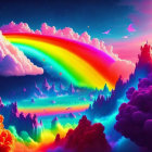 Colorful Digital Artwork: Rainbow over Cloudy Sky & Hearts