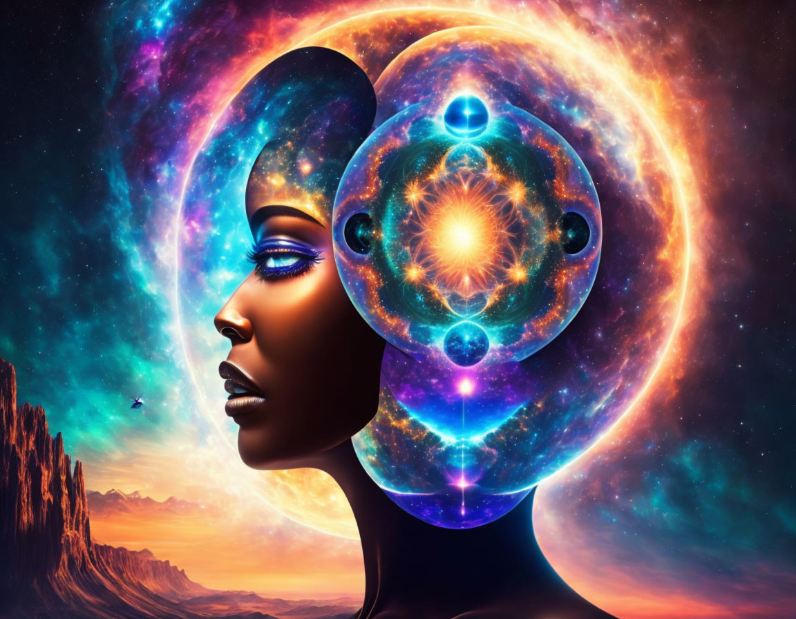 Digital artwork: African woman profile merged with cosmic elements