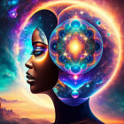 Digital artwork: African woman profile merged with cosmic elements