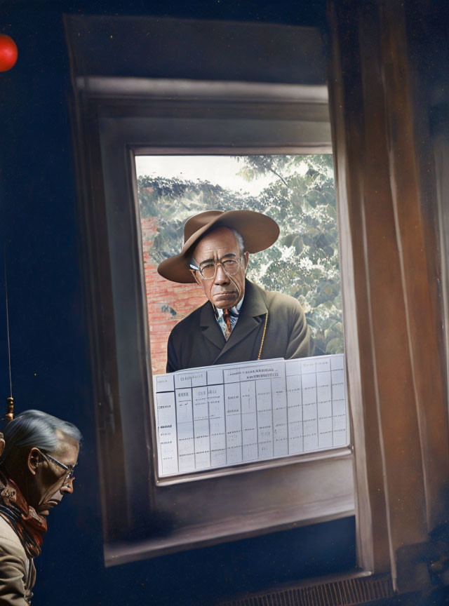 Elderly Person with Glasses and Hat Holding Large Calendar