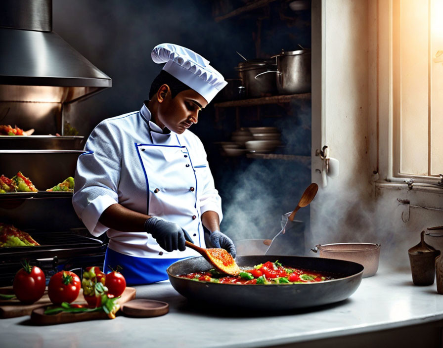 Professional Chef Sauteing Vegetables in Kitchen